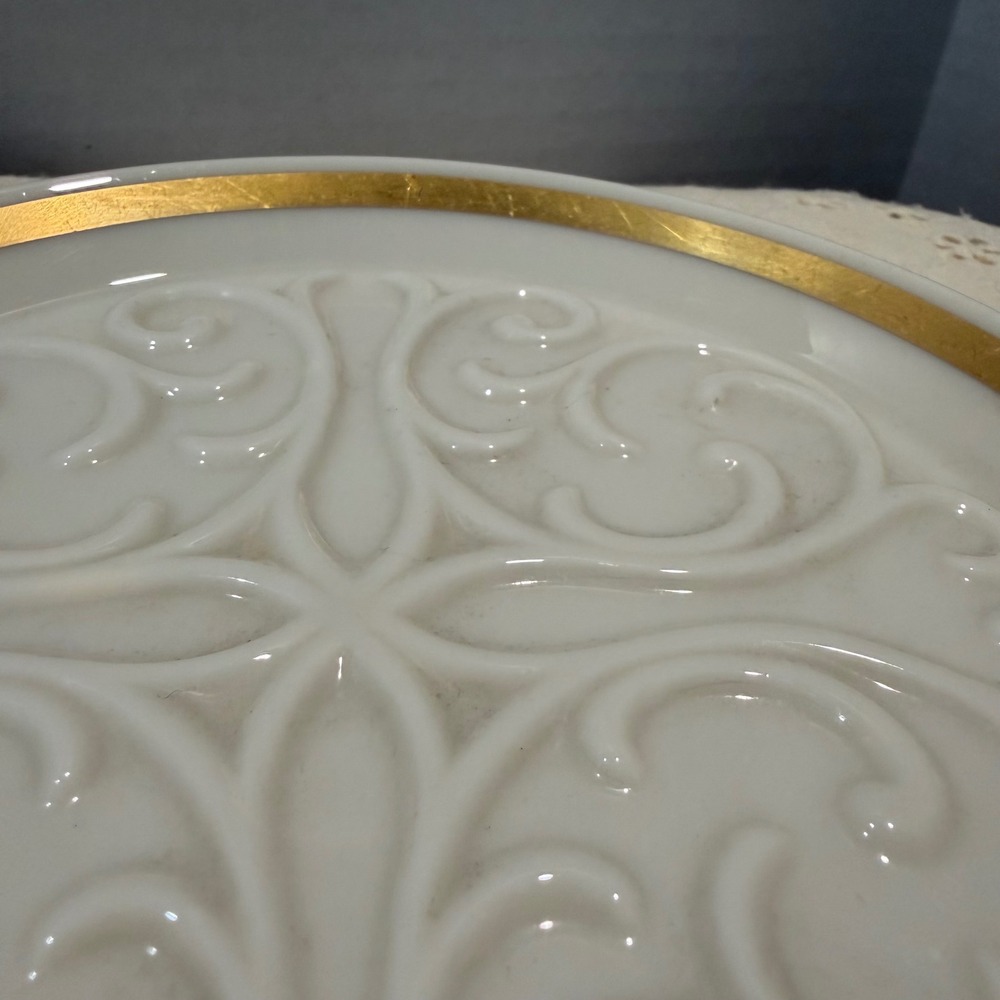 Lenox Porcelain Trivet Coaster White Raised Scroll Gold Rim
